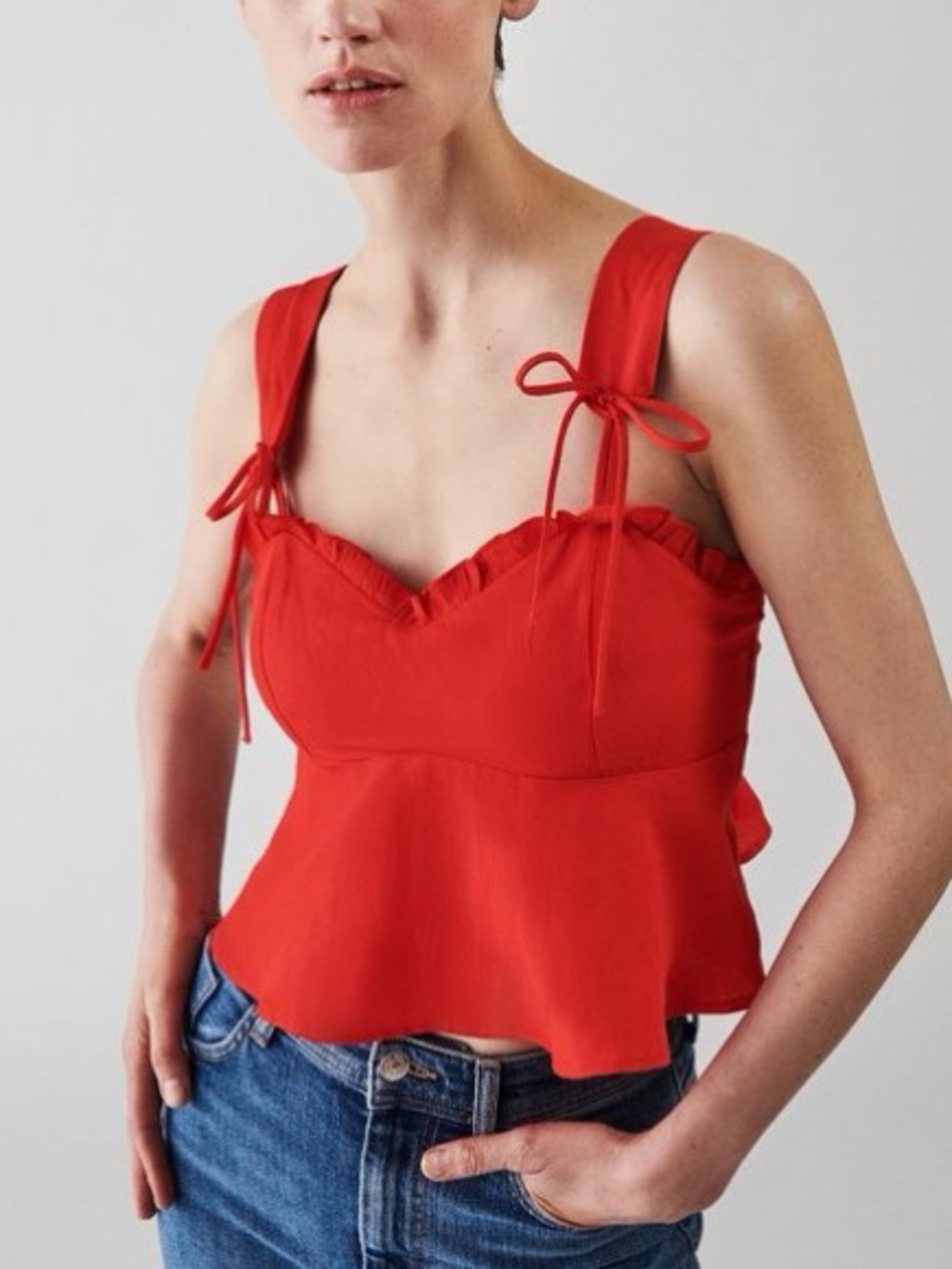 Zara Red Corset Style Crop Top Milkmaid Bustier Tie Strap Sweetheart Neck